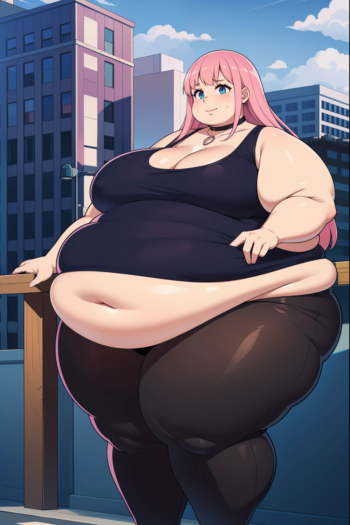 (Morbidly obese:1.2), Ssbbw young woman, pink hair, long hair, thicc thighs, choker necklace, city, fat