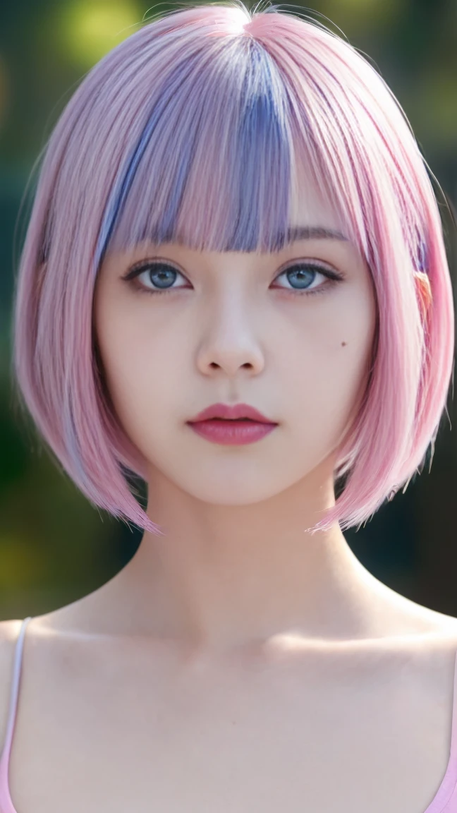 Black and light blue、銀とPink Hair、Realistic, High resolution, Heterochromia eyes, small moles under eyes、Bobcut、Blunt bangs、Lucy, one person&#39;s, Hair Scrunchie, Hime cut, Silver Hair, Color chip, full moon, grey  eyes, White shirt, Black tie、Leather shorts, long sleeves, (Look at the viewers), Medium Hair, Multicolored Hair, Parting of the bangs, Lips parted, Pink Hair, Red eyeliner, Red lips, alone, White jacket, Rainy night in a neon-lit cyberpunk city,From below, yes、On all fours、connecting