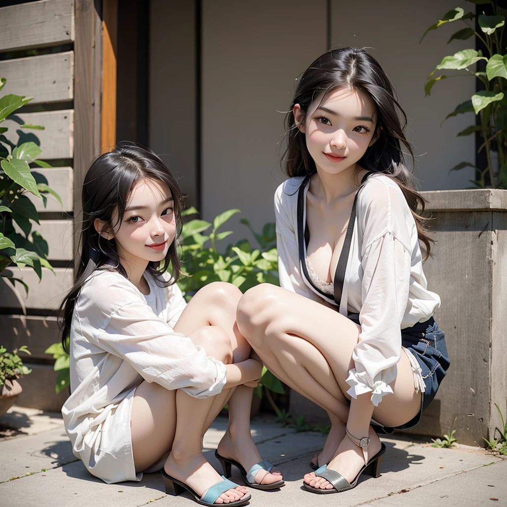 Asian woman wearing arafe sitting on the ground with her legs crossed, Beautiful face with arms and legs, Korean Girls, Chiho, Young and pretty girl, Anime girl crouching, Round thighs, Casual pose, Young and cute gravure idol, 19-year-old girl, Sit on the ground, Attractive pose, Young Gravure Idol, e young、White color panties、Panty shot,smile、High heels、