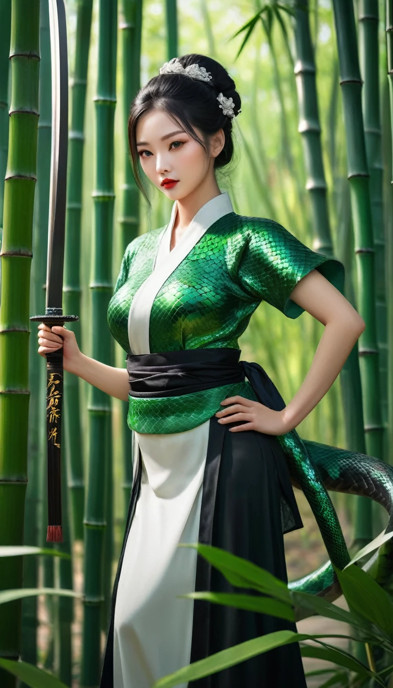 (masterpiece, best quality:1.2),Wavy hair maid，solitary,wear glasses，Exquisite eyes,Fine black hair，Charming Eyeshadow( Green people:1.2)( Snake scale skin:1.2)，Chinese,( Smooth skin:1.2)( Put on the maid:1.2)， Slender body proportions，Moist and sexy plump lips，Long legs，Perfect fingers，High heel，( Back pose 1.2), (Rear view 1.2)，A Chinese female warrior in ancient attire，Standing in the middle of the bamboo forest path holding a sword in one hand，Looking at the camera，There is an illusory green snake shadow behind。