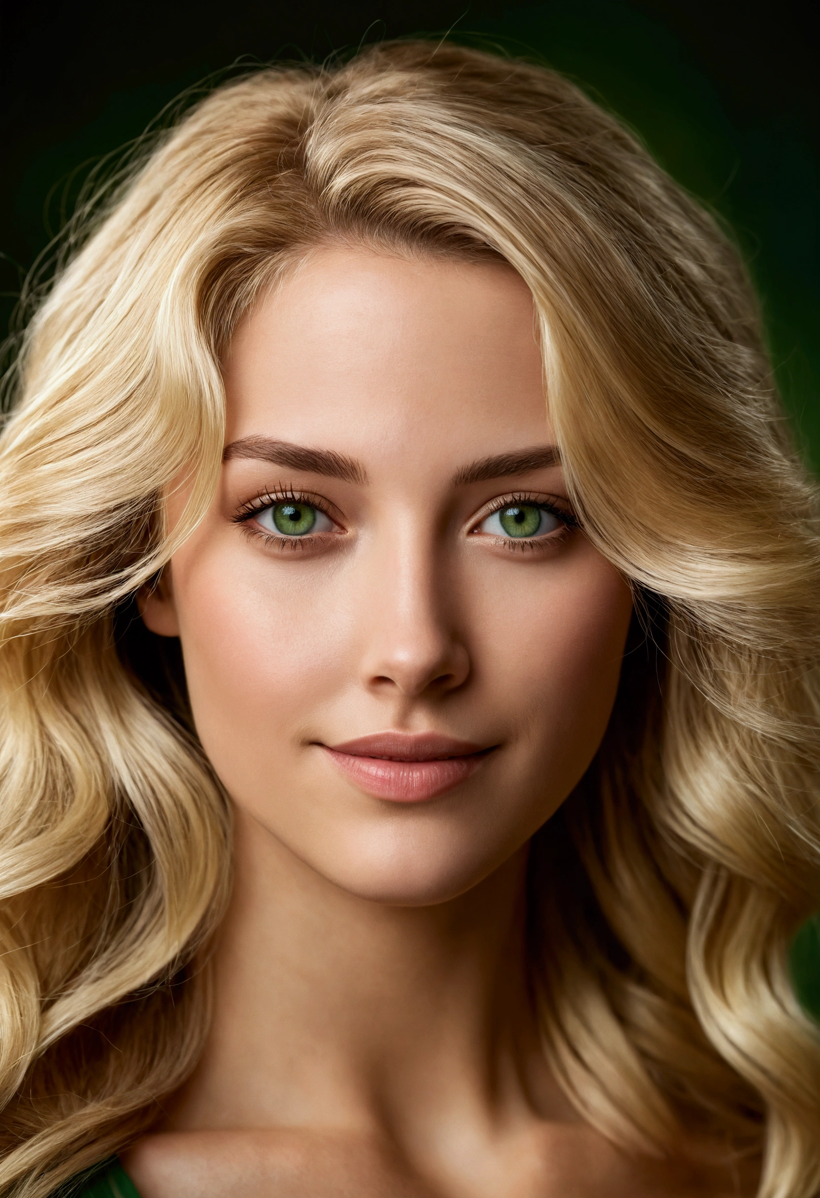 Create a hyper-realistic portrait of a stunning woman with blonde hair and striking green eyes. Her hair is naturally wavy and cascades down her shoulders. Her skin is flawless with a soft, natural glow, and she has a warm, inviting smile. The background is softly blurred to keep the focus on her captivating features. The overall style should be photorealistic, capturing intricate details like the texture of her hair, the clarity of her eyes, and the subtle expressions on her face.