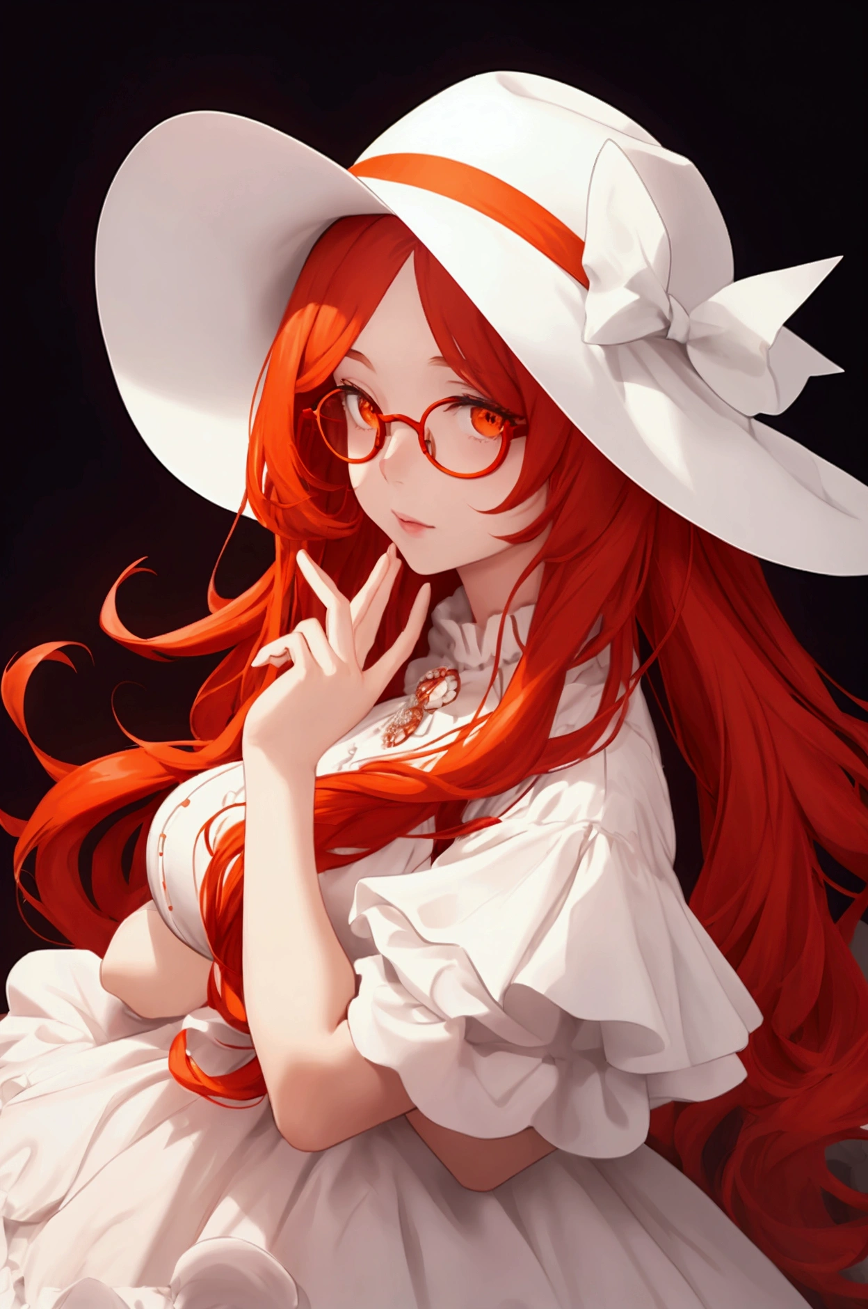 1 girl. red long hair. orange eyes. white fluffy dress. white hat. round glasses. 