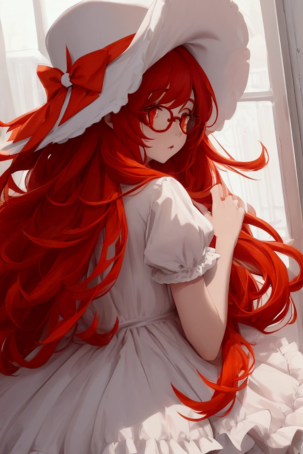 1 girl. red long hair. orange eyes. white fluffy dress. white hat. round glasses.