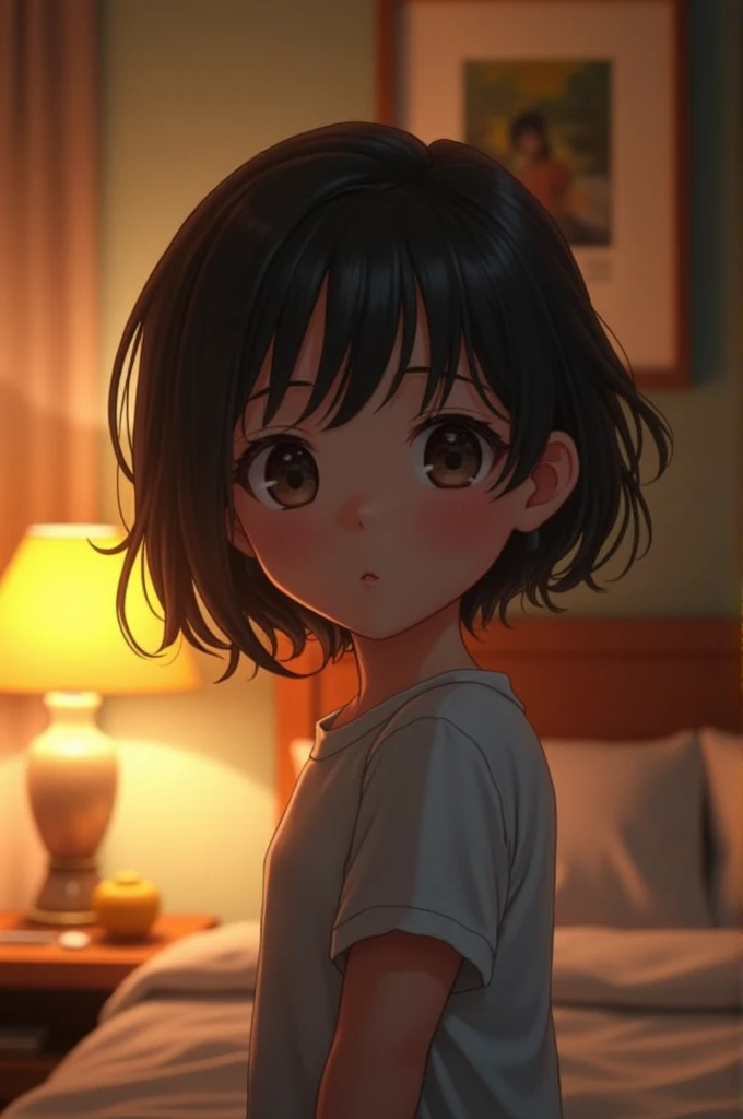 Create an image of a girl around with short hair , that the body is not very noticeable, in a hotel room