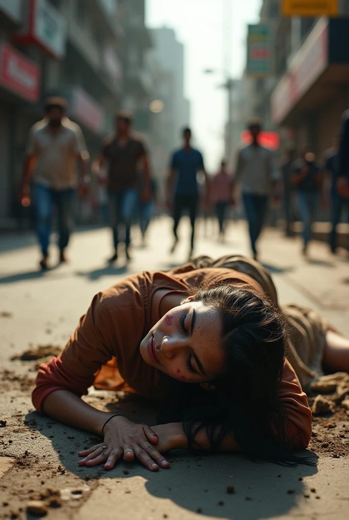 A disheveled young indian woman, tears streaking her dirt-smudged face, lies crumpled on a bustling urban sidewalk. Her tattered clothes reveal glimpses of bruised skin. Indifferent pedestrians navigate around her prone form, their shadows stretching in the harsh afternoon light. Hyper-realistic style: every detail razor-sharp, evoking raw emotion.