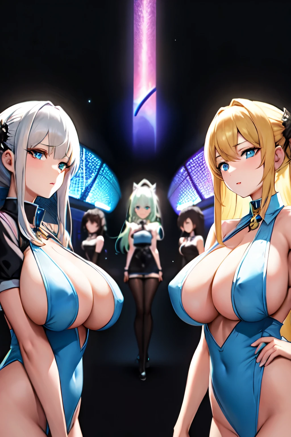 Masterpiece, 4girls, each dressed as a maid. The maids are wearing identical uniforms, beauty and cute, high detailed, dinamic lighting, vivid colours, ultra large saggy breasts, massive cleavage exposed, A giant spacecraft navigating interstellar space, Sophisticated design, huge geometric figures stacked in layers,standing, white skin, blue eyeballs, blonde hair, happys, various hair styles, harem, perfect eye, perfect face, Symmetrical eyes, well-aligned, with a natural and proportionate gaze, Observing their master with a servile gaze.