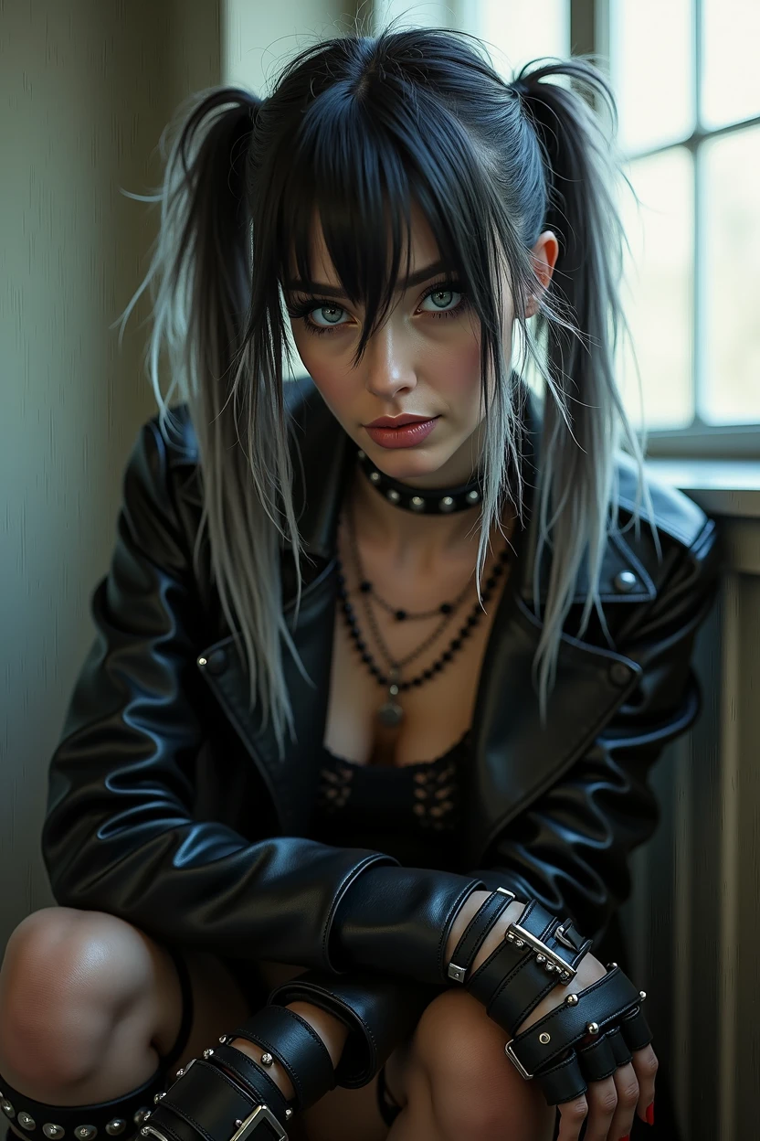 A woman with medium long black hair with white streaks , (oily messy hair) , (ponytails), punk, blue eyes , dark eyeliner, light smile, alluring look, gorgeous face , super cute, 21 years old , (slim figure , large breast, thin waist) , hair over one eye, inside , window light , surrealism, squatting, (slim legs), mesh t-shirt, black leather edgpshorts, long black leather platform boots with straps and rivets, wearing multiple studded leather belts, (ripped nylon stockings), (long leather jacket with studs), studded wristbands, fingerless leather gloves