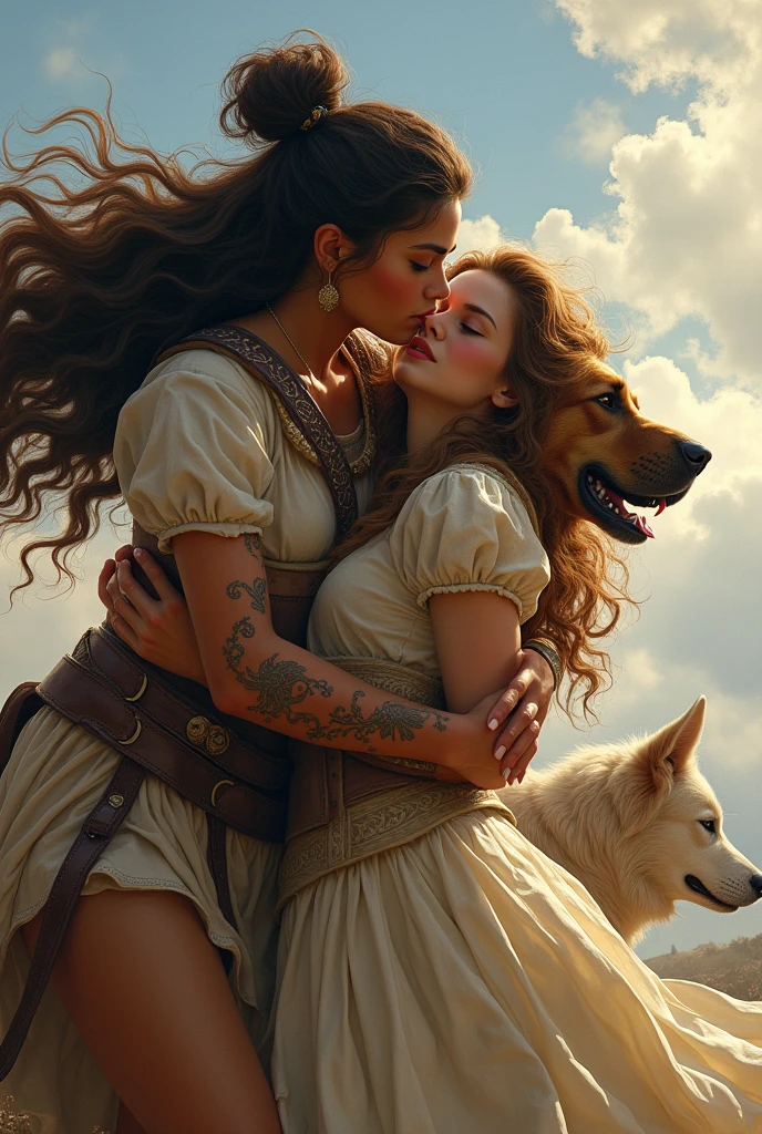 A lesbian warrior, with brown skin and hair tied in a bun, with a big brown dog with a white stripe on its face and saved his girlfriend a long-haired, curly princess who has a small white dog 