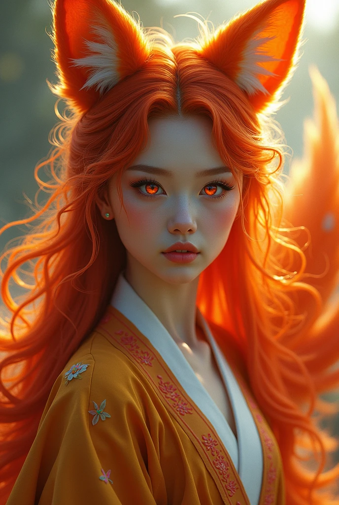 semi-realistic woman has a long orange and red curly hair has a orange fox ears has a red and yellow eyes wear Korean cloths and has orange 9 tails