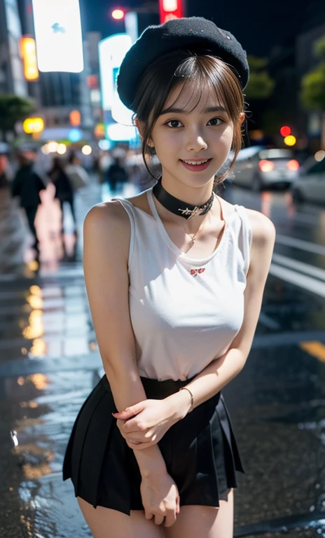 (A youthful gorgeous Japanese idol, wearing Sophie shirt, pleated mini-skirt, neck choker, 🎩 hat, knee-high socks, Sneakers, Tokyo Shibuya, Scramble Crossing, city street, night sky, natural poses,
(RAIN:1.2)
Easygoing expressions, kind smile, dimpled cheek, cute snaggle-tooth, short bob hair ponytail, symmetrical face, realistic detailed face, beautiful eyes, beautiful detailed eyes, long legs, perfect body proportions, hourglass figure, ample round bosoms, medium breasts,
Raw photo, photorealistic, realistic portrait, hyper-realism, high contrast, ultra HD, UHD, realistic skin textures, top image quality, top-quality, super high resolution, fine details, very meticulously, masterpiece, vivid colours, medium shot, close-up shot, cowboy shot, High Angle Shot, Professional Lighting, bokeh_background, SFW, Safe For Work)