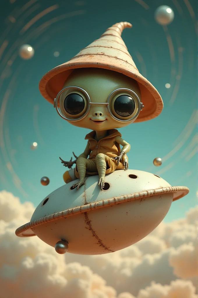 You can create a cute alien with a hat that covers his face except for his mouth and with his glasses exposed., riding on a round alien ship 