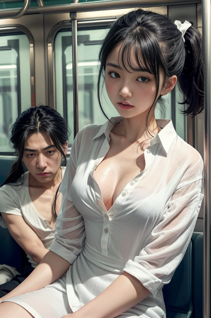 in the train数人の男性が彼女を前から後ろまで抱きしめた, (Rub her breasts:1.3)、Talk in her ear.、(Another man picked her up on his lap.、Reach out and touch her crotch:1.4)、Pick her up、Shake 、((in the train:1.5))、40k、picture、masterpiece、Highest quality、Dark Gray Background、(Girl with black hair ponytail)、(White open shirt:1.5)、(White dress:1.5)、(The old man leaned back, Leaning against his chest:1.4)、Various poses。Draw clearly whose finger it is、Angry expression、Small breasts