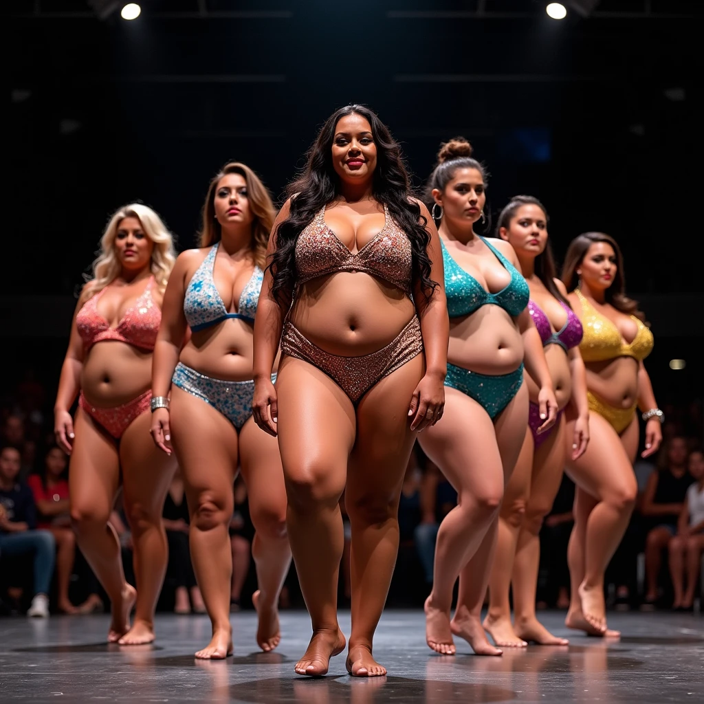 Seven plus size model women are obese and overweight, with plenty of belly fat, they have gained weight by eating too much, they are obese plus size models with very large bellies, their bellies are bulging and covered with a lot of fat, they are wearing glittering and colorful swimsuits and are on the stage of a contest to compete for their body size, 4K quality, low angle