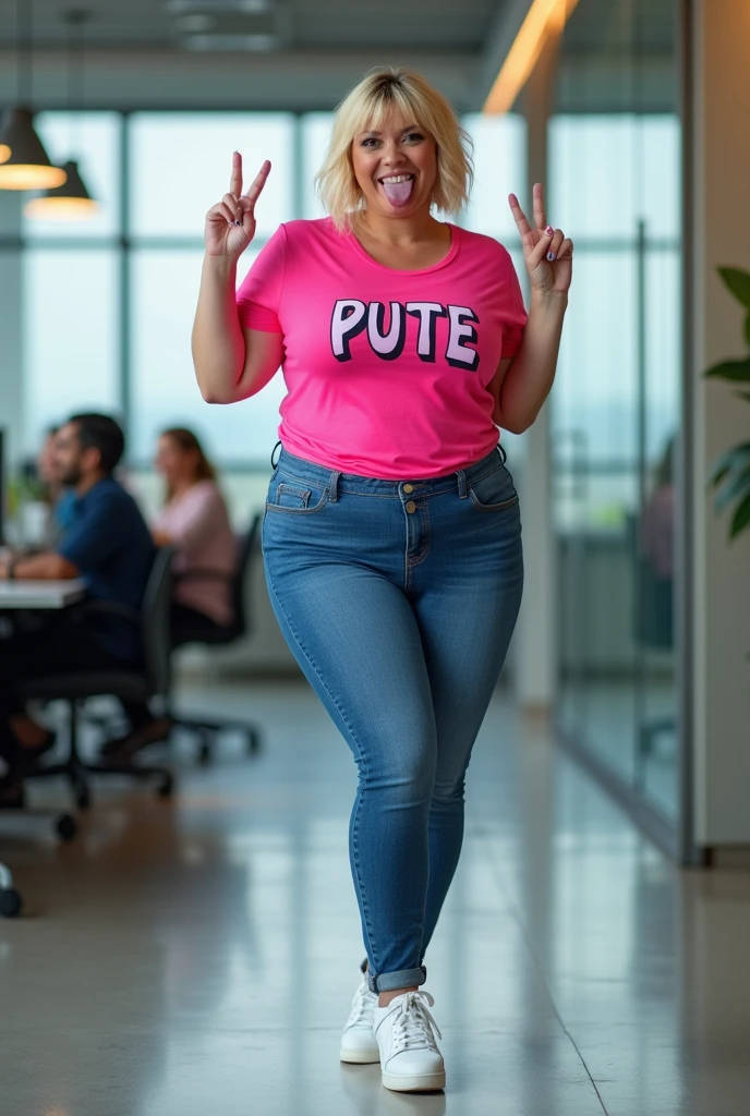 blonde woman with short haire. She has an hourglass figure, massive breasts. ,Wide hips (implants), Prominent buttocks (implants)
in a modern office, with glass walls and contemporary decor
dressed in a vibrant pink t-shirt with “PUTE” written in fun letters, adding a touch of lightness and humor to her look
figure-hugging skinny jeans, paired with white-heeled sneakers for a dynamic look
the camera captures her from head to toe,
smiling, she squints, sticking out her tongue with a mischievous expression that evokes joy and confidence
making the “V” sign of peace with each of her hands, she is slim
the office atmosphere is both professional and relaxed, with colleagues in the background smiling at his offbeat attitude
Massive boobs