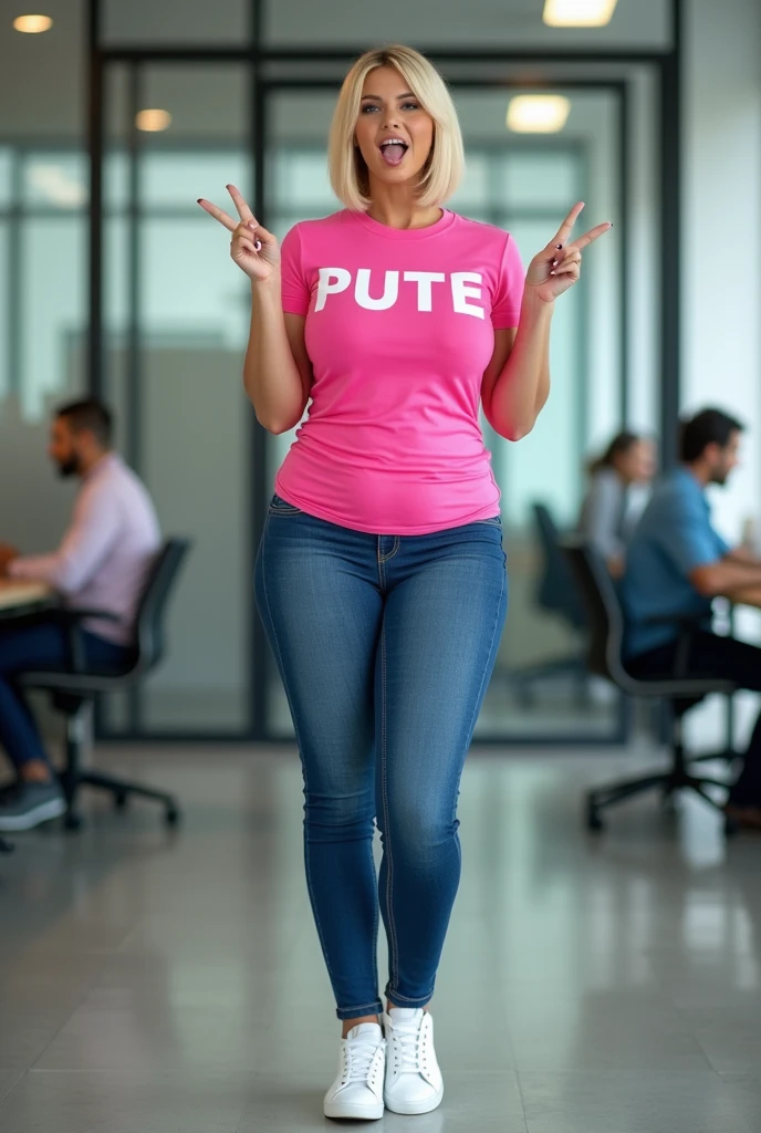 blonde woman with short haire. She has an hourglass figure, massive breasts. ,Wide hips (implants), Prominent buttocks (implants) 

in a modern office, with glass walls and contemporary decor
dressed in a vibrant pink t-shirt with “PUTE” written in fun letters, adding a touch of lightness and humor to her look
figure-hugging skinny jeans, paired with white-heeled sneakers for a dynamic look
the camera captures her from head to toe,
smiling, she squints, sticking out her tongue with a mischievous expression that evokes joy and confidence
making the “V” sign of peace with each of her hands,  she is slim
the office atmosphere is both professional and relaxed, with colleagues in the background smiling at his offbeat attitude
Massive boobs