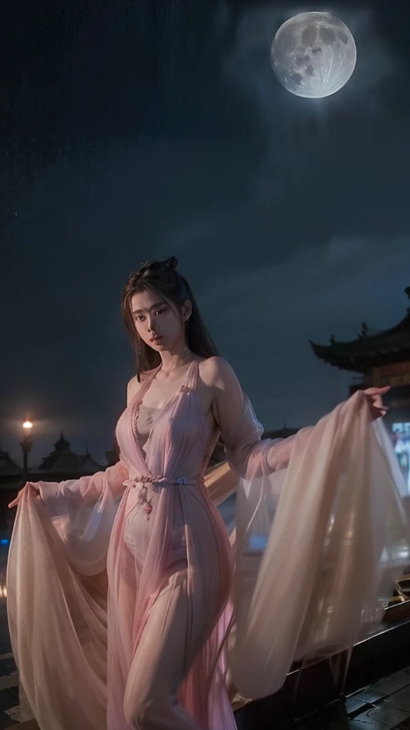 A Chinese woman in an ancient pink, sheer dress stands amidst an ancient Chinese city. Her entire front is visible against the backdrop of a moonlit night with a full moon.