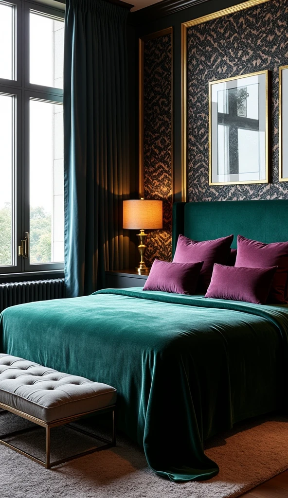 A luxurious bedroom with a deep emerald velvet headboard, black-and-white tribal geometric wallpaper, glossy black and white prints on the wall, rounded silky pillows in elderberry purple, warm ambient lighting, plush carpeting, gold accents, high-end furniture, large windows, ultra-realistic, interior design photography