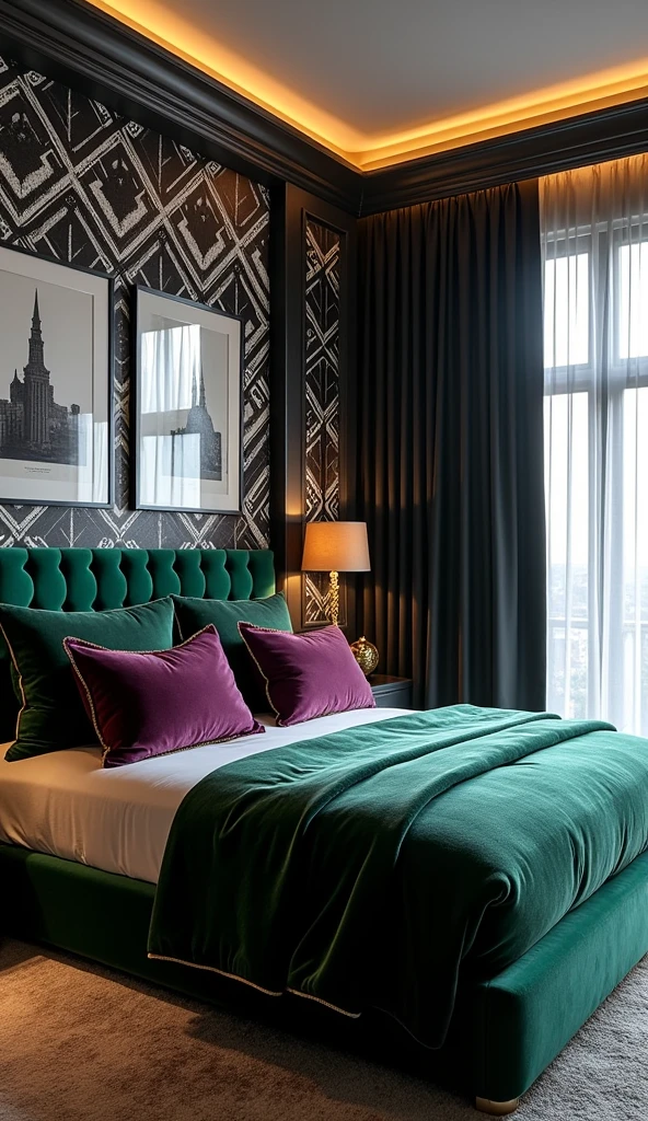 A luxurious bedroom with a deep emerald velvet headboard, black-and-white tribal geometric wallpaper, glossy black and white prints on the wall, rounded silky pillows in elderberry purple, warm ambient lighting, plush carpeting, gold accents, high-end furniture, large windows, ultra-realistic, interior design photography