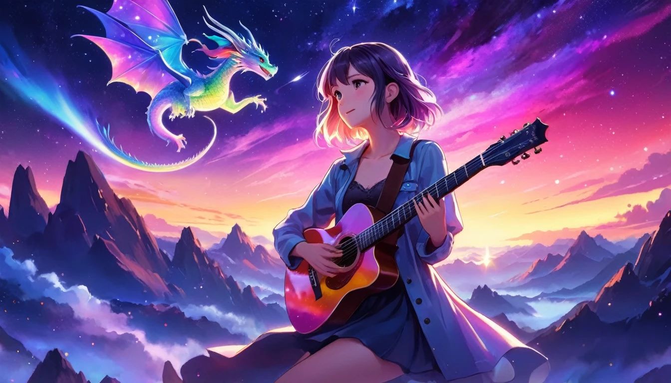 Number of fingers: 5, Colorful sky, An illustration, Anime song thumbnail CG, Uplifting, A funky girl playing the guitar, Exact finger count, Accurate anatomy, Highest quality, 8k, Accurate guitar shape, Correct finger shape, Backlight, Aurora, starry skies, A flying dragon in the background, Serious expression,