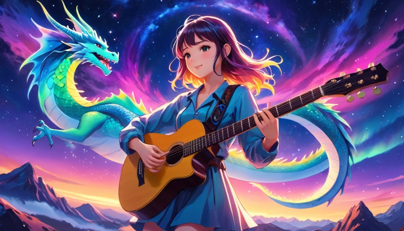 Number of fingers: 5, Colorful sky, An illustration, Anime song thumbnail CG, Uplifting, A funky girl playing the guitar, Exact finger count, Accurate anatomy, Highest quality, 8k, Accurate guitar shape, Correct finger shape, Backlight, Aurora, starry skies, A flying dragon in the background, Serious expression,