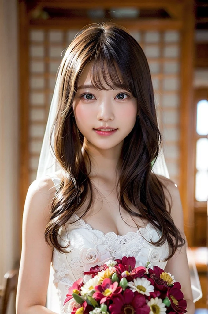 (Highest quality、masterpiece、8k、Best image quality、Hyperrealism)、Pure white wedding dress,(alone:1.1)、(1 photo:1.1)、(Cute girly-wave hair:1.1)、(Low length:1.1)、(Big Breasts:1.1)、cute heart-shaped decorations、Accentuate your body lines、Slender body、Standing Elegantly、(pastel-colored girly and luxurious room background:1.1)、(Cute girly curtains in pastel colors:1.1)、(very bright and vivid:1.2)、(Cute girly wall decoration in pastel colors:1.1)、Blurred Background、Full body photo of a woman standing gracefully、Accurate anatomy、Perfect Makeup、Long eyelashes、Glossy Lips、Ultra HD glossy skin、(Ultra-high definition, bright and beautiful skin:1.2)、超高精細のGlossy Lips、Ultra-high definition beautiful teeth,22 years old,Laughs and Tears,Looking into the camera,Natural brown hair,Half Up,Wedding Veil,Pure white wedding dress,Holding a bouquet,Stand upright,Looking into the camera,Chapel,(Stained glass),Flooded with light,(Front view),View from the front,Cowboy Shot,Natural soft light