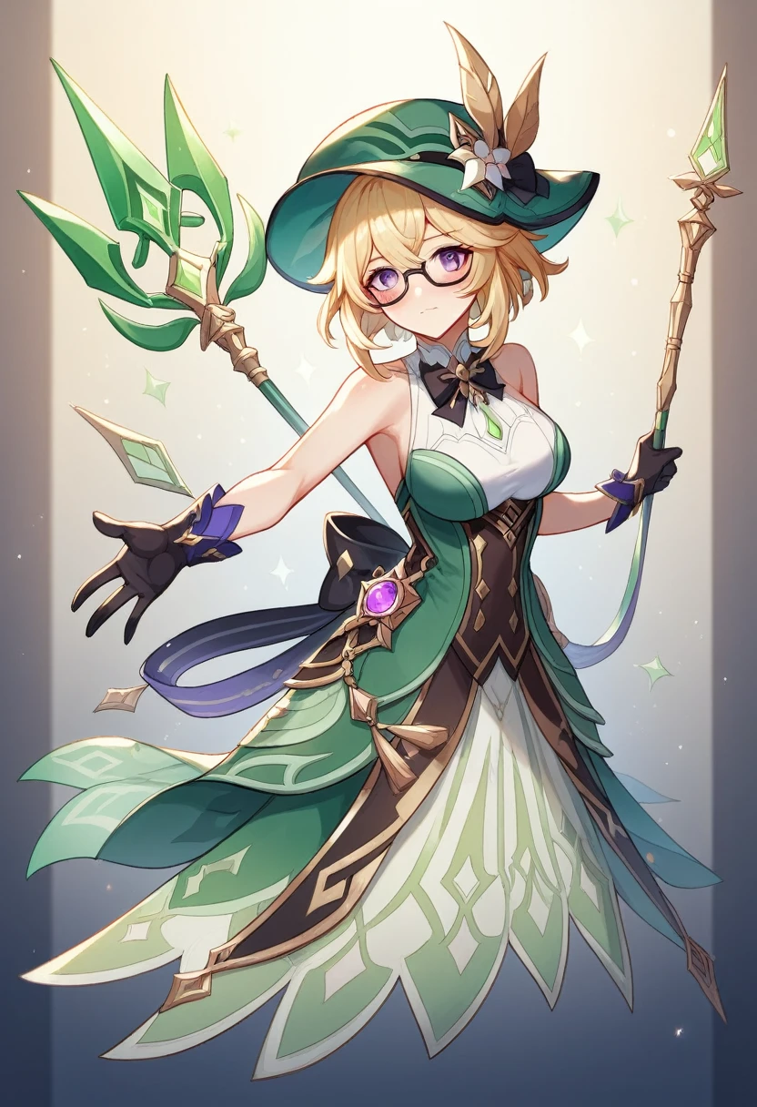 Emili /(genshin impact/), pose, white spear, glasses, yellow hair, dendro vision, elegant, detailed face, detailed eyes, sleeveless, short hair, ribbon, purple eyes, large breasts, hat, hair ornament, green hat, gloves, flower, fascinator, bowtie, bow, blush, blonde hair, black ribbon, black gloves, black bowtie, black bow, black-framed eyewear, Incredible background, full body, 