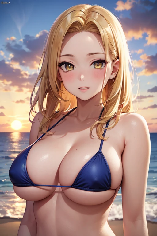 One Woman, Highest quality, masterpiece, Super Resolution, super high quality, Large Breasts, Idol, Beauty, ((From the front 1.2)), Cleavage, 8k, High resolution eyes, High-resolution contours, ((Forehead visible 1.3)), Stylish, High-resolution pupils, blush,  High resolution face, High resolution breasts, Ultra HD, Open your mouth, Upper Body, High resolution mouth, Sexy body, ((Super cool face 1.7)), ((Hanging 1.7)), Broken bangs, Yellow Eyes, model, Mature Woman, Adult women, Beautiful clavicle, High resolution hair, Mother, maternal,  Married Woman, couple, super beautiful, Charm, Alluring, Blonde, Textured skin, Textured Breasts, Micro Bikini, Underboob, Sideboob, Beach, sunset, ((Amazing details 2.5)), 