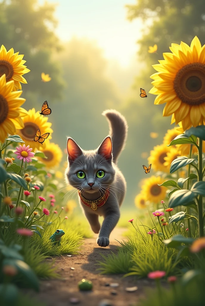 Exploring the Garden: “Gray cat Kitee with green eyes explores a sunny garden with colorful flowers and butterflies.”
At the Sunflower Patch: “Gray cat Kitee with green eyes playfully pounces near tall sunflowers on a sunny day.”
By the Pond: “Gray cat Kitee with green eyes sits by a small pond surrounded by grass and frogs.”
Returning Home: “Gray cat Kitee with green eyes walks back to the house through the garden at sunset.”
all the character will be with nice dress