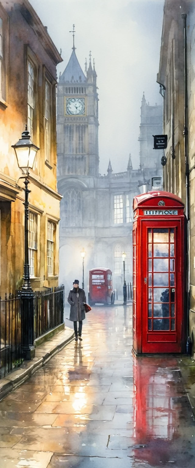 (watercolor), landscape, 倦fog, fog, London, Red Phone Box, Old Townscape, Romantic, Quiet atmosphere, stage