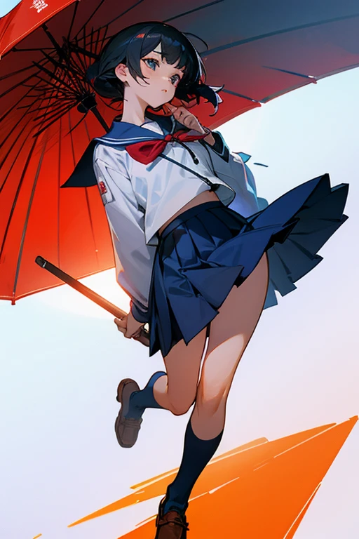 Girl in Japanese school uniform with short skirt with loose sleeves and long socks full body shy appearance big bust Realistic anime