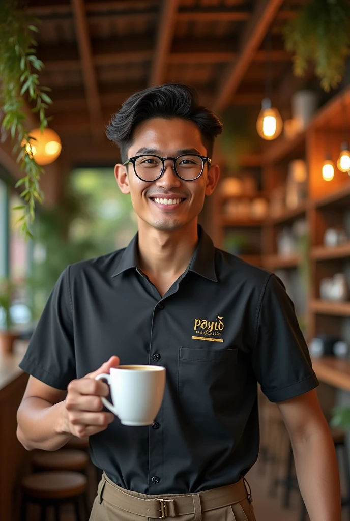 created a hensom man with a slightly medium body, glasses, Malay face, 25 year. Barista shirt, he was a restaurant waiter who delivered a cup of warm coffee, The Barista Shirt making word Gold inscription "payid", the background is village cafe. the image is very detailed, super HD