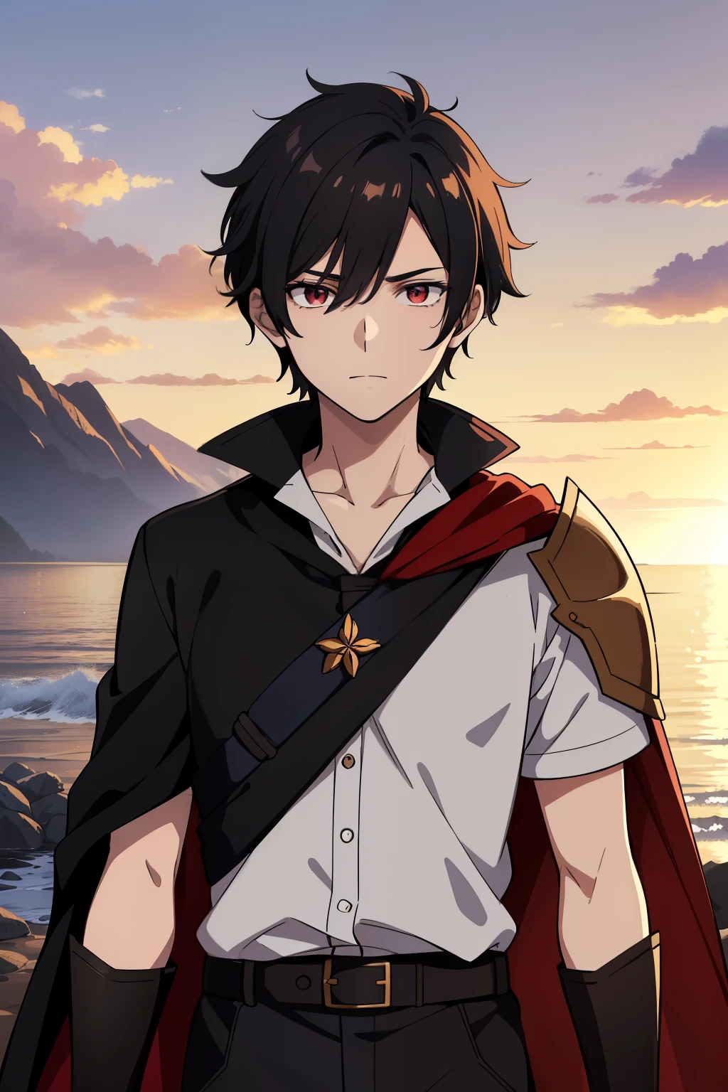 (high-quality, breathtaking),(expressive eyes, perfect face) 1boy, male, solo, young adult, Symmetrical Eyes, portrait, black hair, red eye color, short hair length, messy loose hair, neutral expression, soft smile, white shirt, black cloak red trim, fantasy attire, adventurer profession, sunset sky, summer theme, armor, cape
