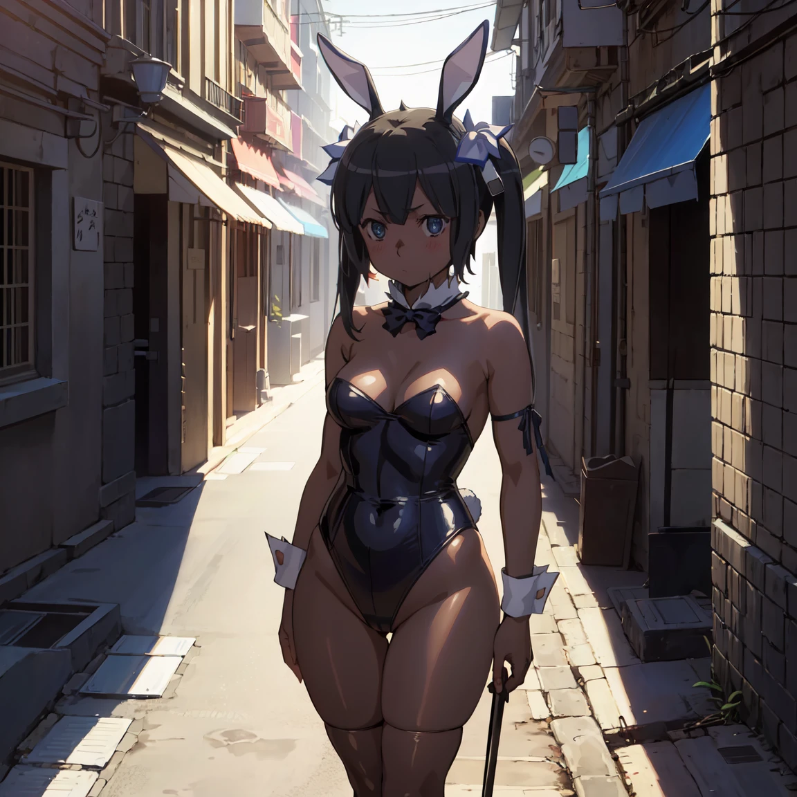 misakiao, 1girl, masterpiece, highly detailed, absurdres, illustration, game cg, solo, hair ribbon, looking at viewer, blush, city street, (bunny), bunny ears, strapless leotard, detached collar, pantyhose, high heels, standing, ((((dark skin)))), cowboy shot,