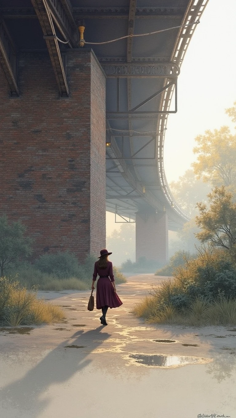 Under Birmingham digbeth Railways Bridge, haze, mist, diffusion light, bright golden hour, oil painting , Turner style