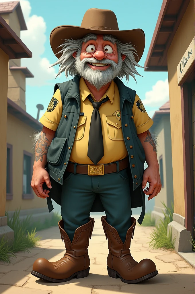Old McGucket with cowboy boots and a security guard uniform