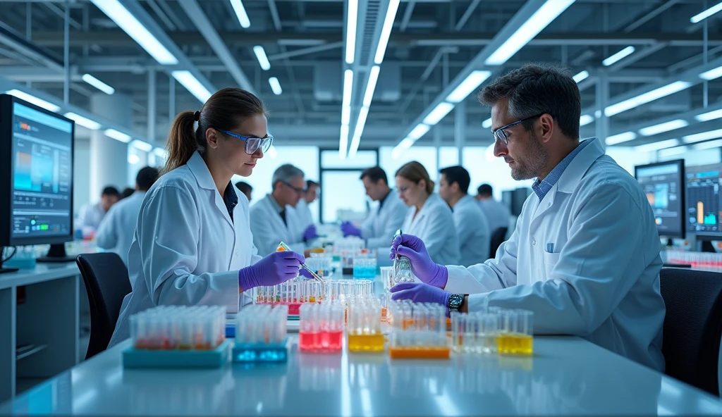 In a sterile laboratory, scientists in white coats and safety goggles meticulously pipette colorful liquids into rows of test tubes. The air hums with the whir of centrifuges and the beeping of high-tech analytical equipment. Nearby, a team huddles around computer screens displaying complex molecular structures, discussing potential drug candidates. Through a large window, an automated production line can be seen, with gleaming stainless steel machines precisely measuring and mixing ingredients to create batches of pills. In an adjacent office, executives pore over clinical trial data and regulatory documents, strategizing on how to bring their latest breakthrough medicine to market. The entire facility buzzes with a sense of purpose, as researchers and business professionals work in tandem to develop the next generation of life-saving pharmaceuticals.