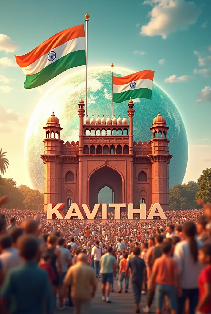 Create an 3D image names as KAVITHA with independence day celebration pictures and in front show red fort of india with India flag colours and show this image on round Earth 🌎 