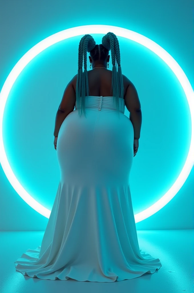 objective, a dark skin Dravidian Moor big lips beauty with insane buttocks with the worlds 🌎 largest buttocks, focus, UHD, extremely long teal wavy mohawk:2, Womancore, dimly lit white room with neon blue ring, DSLR, Vaporwave, ultra high resolution skin, wearing long billowing white gown, thick legs, zero waist:2, no nudity #HUGEASS Huge Ass