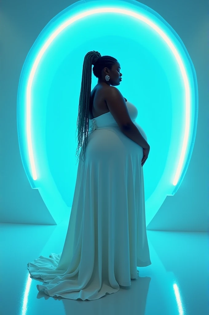 objective, a dark skin Dravidian Moor big lips beauty with insane buttocks with the worlds 🌎 largest buttocks, focus, UHD, extremely long teal wavy mohawk:2, Womancore, dimly lit white room with neon blue ring, DSLR, Vaporwave, ultra high resolution skin, wearing long billowing white gown, thick legs, zero waist:2, no nudity #HUGEASS Huge Ass   