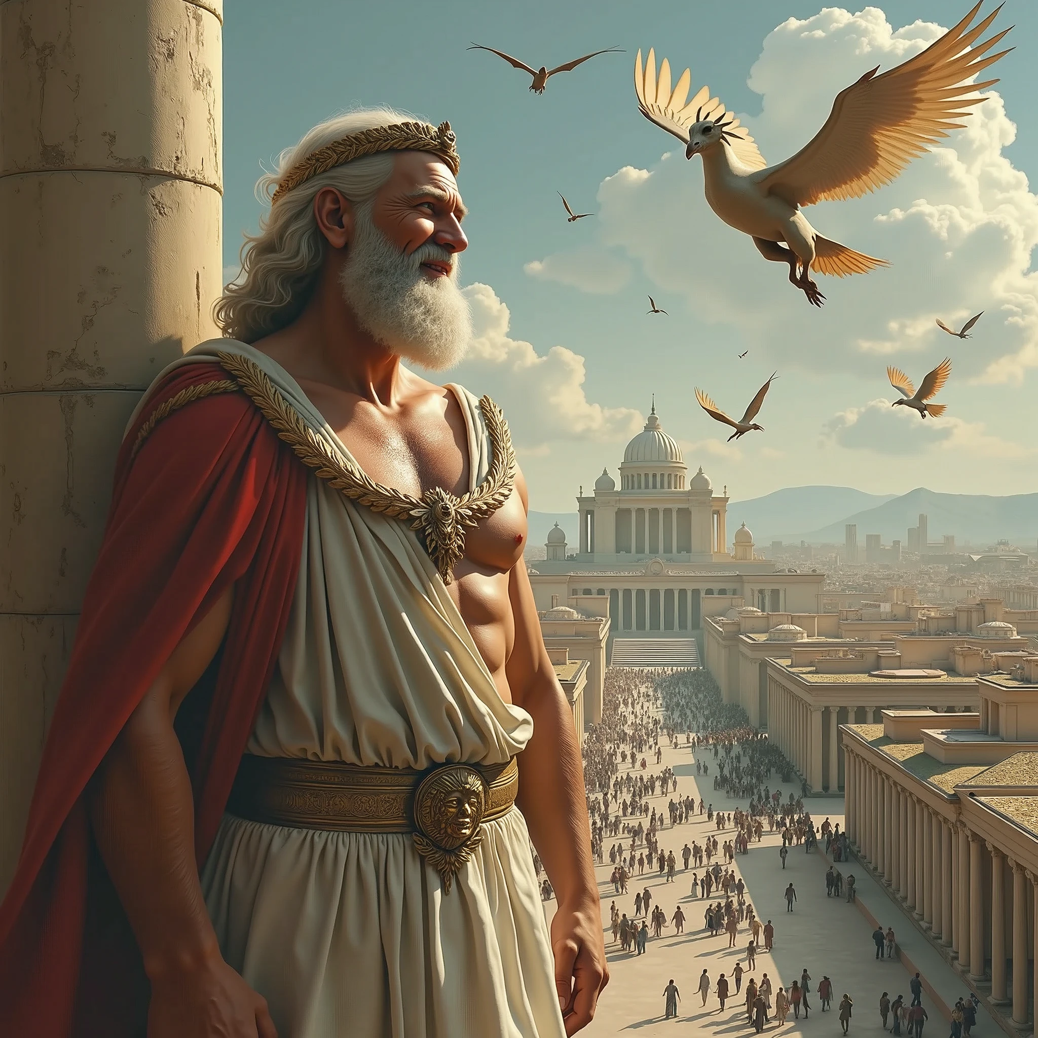 the god zeus, with a smile, and with a Greek-style city in the background. Fantastic Beasts, Griffins and Dragons Fantasy Flying. Panoramic room. aged image.