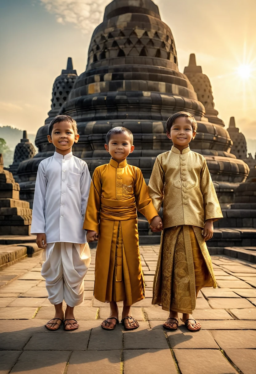 A powerful, hyperrealistic photograph of five Indonesian children holding hands, each wearing clothing representative of their respective religions: Islam, Christianity, Buddhism, and Hinduism. The children are standing in front of the iconic Borobudur temple, with the sun casting a warm, golden light on the scene. The image is captured in ultra-high definition, showcasing the raw emotion and detail of the children's faces., cinematic