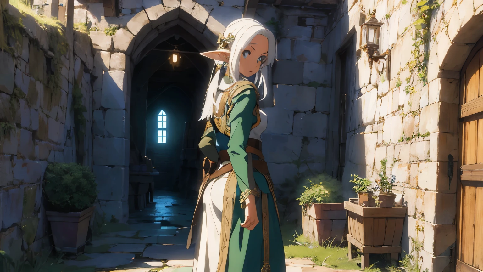 elf girl with white hair, wearing medieval dress, searching quest at quest wall at guild room with bow at her back.