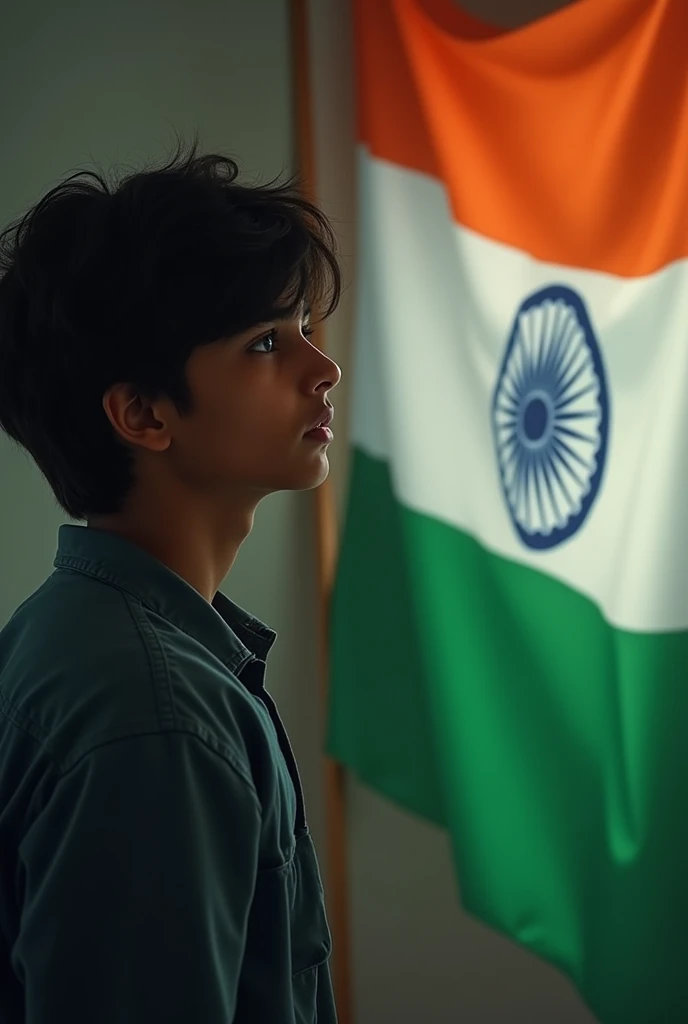 A 25 year person is looking at the national flag of India in a very sad mood