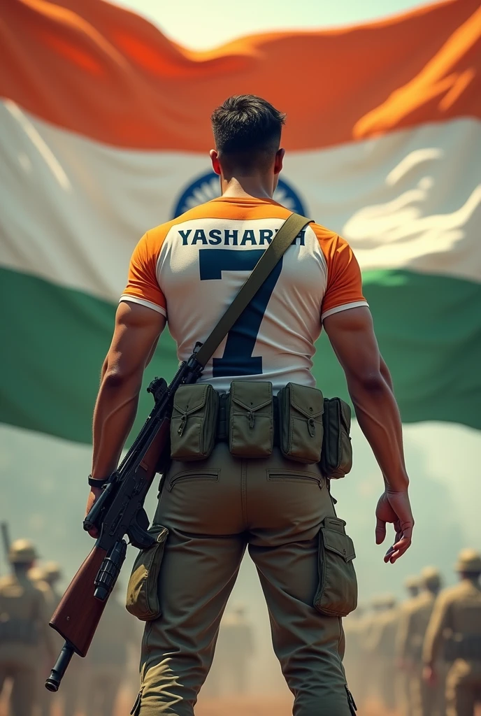 A huge tricolor flag of India is waving, in front of it an 18 year old army soldier is standing facing the flag, he has an AK-47 in his right hand and he has huge biceps and the boy wore a indian national flag clor T-shirt Has happened, on which 'Yasharth' is written and 7 is written below 'Yasharth'. Wearing army cargo pants and his backside is visible and remember this flag is completely visible