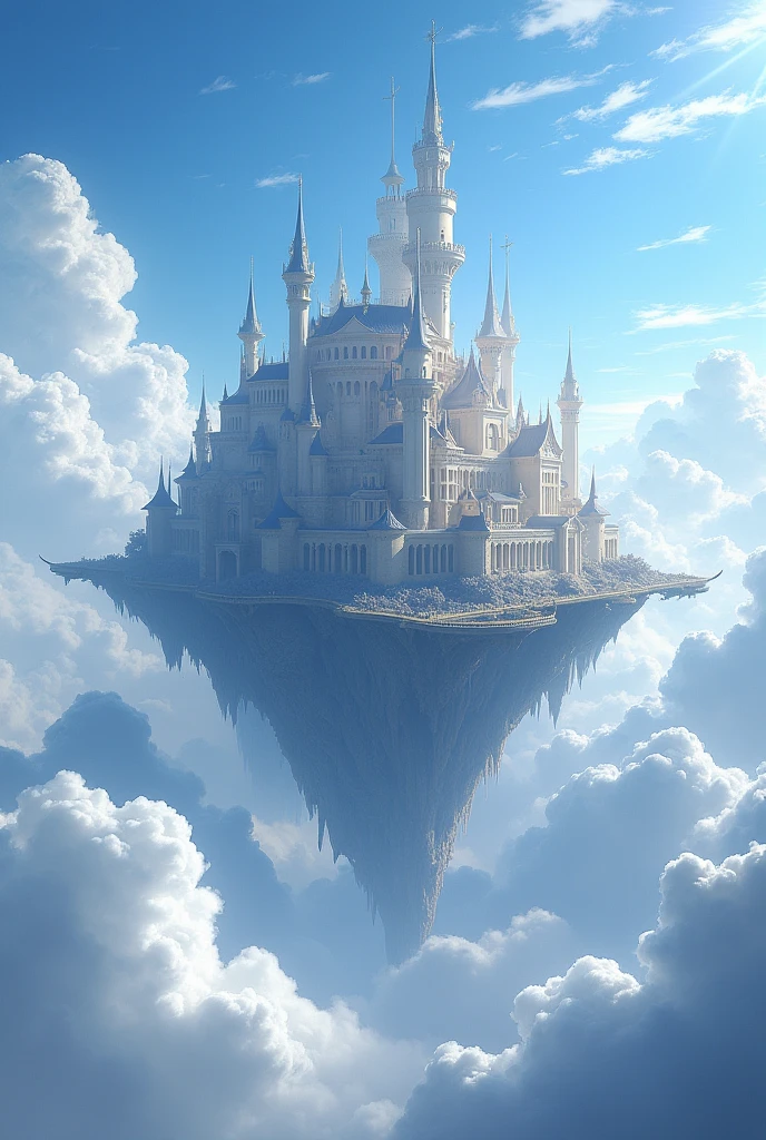 There is a castle in the sky.，There are a lot of clouds around, Feiyun Castle, A huge floating castle, Dream Castle, high Dream Castle, Flying Castle, Magic Castle, Castle floating in the air, Sky Castle Style, An epic castle with towering spires