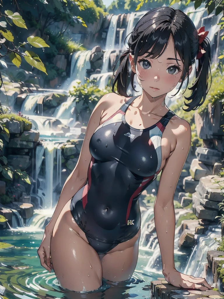 (8k, RAW Photos, Highest quality, masterpiece: 1.2), (Realistic: 1.3)、(solo:1.2)、Realistic competitive swimsuit、Wet Skin、Black hair pigtails、Waterfront、waterfall、mysterious