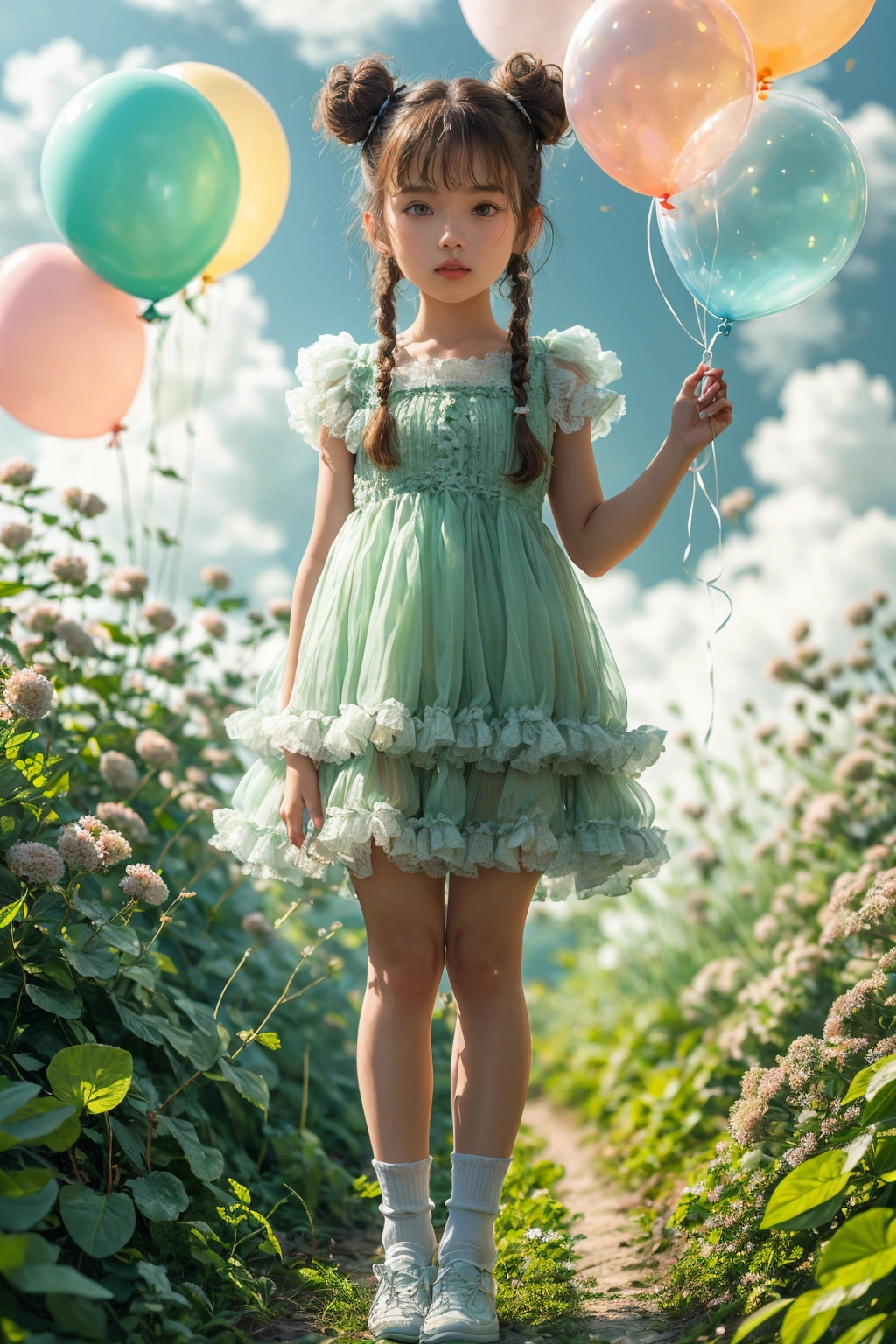 1girl, solo, dress, braid, balloon, socks, double bun, brown hair, hair bun, cloud, see-through, shoes, standing, full body, outdoors, sky, day, long hair, looking at viewer, white socks, flower, arms at sides, blurry, green dress, lips, single braid, blue sky, realistic, bangs,cinematicstunning contrasts and shadow,introspection,8k,Photography,super detailed,hyper realistic,masterpiece,Depth of field,bright color,Super lightsensation,caustic,