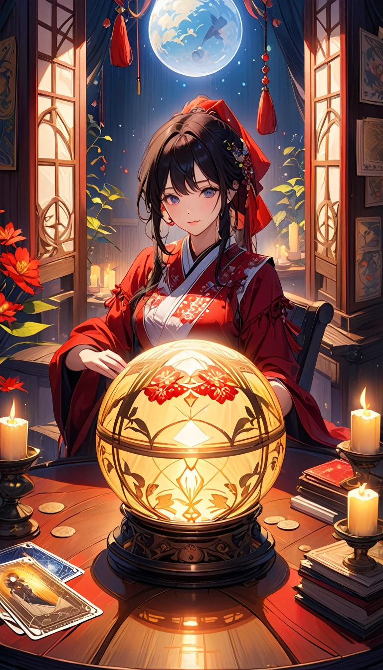 美しく神秘的なfortune teller,Compact and fun environment. ケープを羽織ったfortune teller, Delicate facial features. The scene is dim, Create an atmosphere of uncertainty and expectation. テーブルに座るfortune teller, Tarot Cardsで飾られた, Crystal Ball, Tarot Cards. The table is surrounded by candles, Creates a mysterious atmosphere. The lighting in the room was dim, casting seductive shadows,Enhance the mystical atmosphere. Tarot Cardsを持っているfortune teller, Observing Signs to Gain Insight into the Future. The overall artwork must be of the highest quality, 解像度は4KAlsoは8Kです. The level of detail must be extremely detailed and realistic, Almost photorealism. Artistic style should reflect official aesthetics, Bright colors,Strong contrast. The color tone is、The mystical and mystical theme of the artwork must be emphasized。. fortune teller'The cape has an intricate pattern, Metal frame with thickness ratio of 1.5. Also, A decorative border of roses should be incorporated into the piece.. The scene must have a magical feel to it., Like a night sky full of stars. fortune teller'Facial expressions should convey mystery and curiosity..be careful with your hands