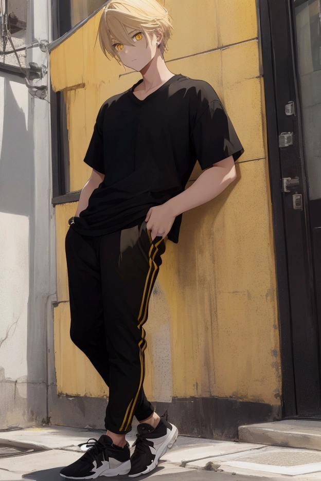 1 guy. blond. yellow eyes. black shirt. black trousers. Black sneakers.  