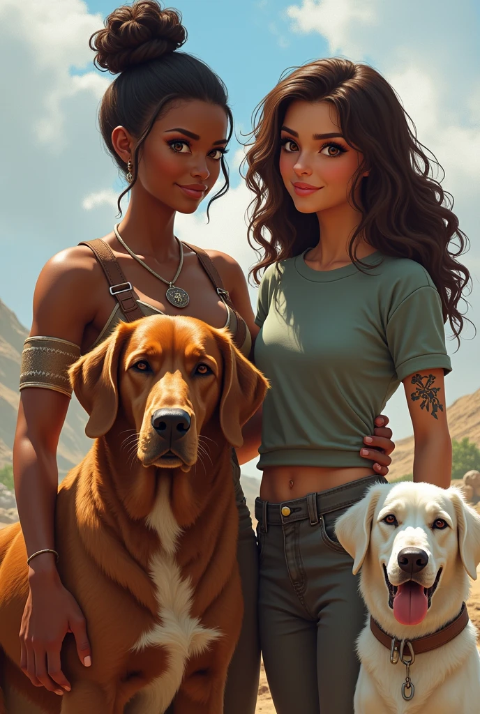 A lesbian warrior, with brown skin and hair tied in a bun, along with a big brown dog that has a white stripe on its face. I saved your girlfriend, a princess in a sweatshirt and a tattoo on her arm, With Long, Curly Hair, along with your little white dog